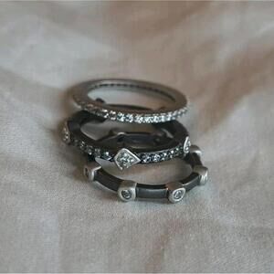 FREIDA ROTHMAN Set x 3 Platinum Plated Black Sterling Silver CZ Stack Rings Sz 4